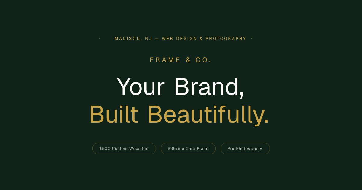 Frame & Co. homepage — dark editorial layout for a New Jersey web design studio