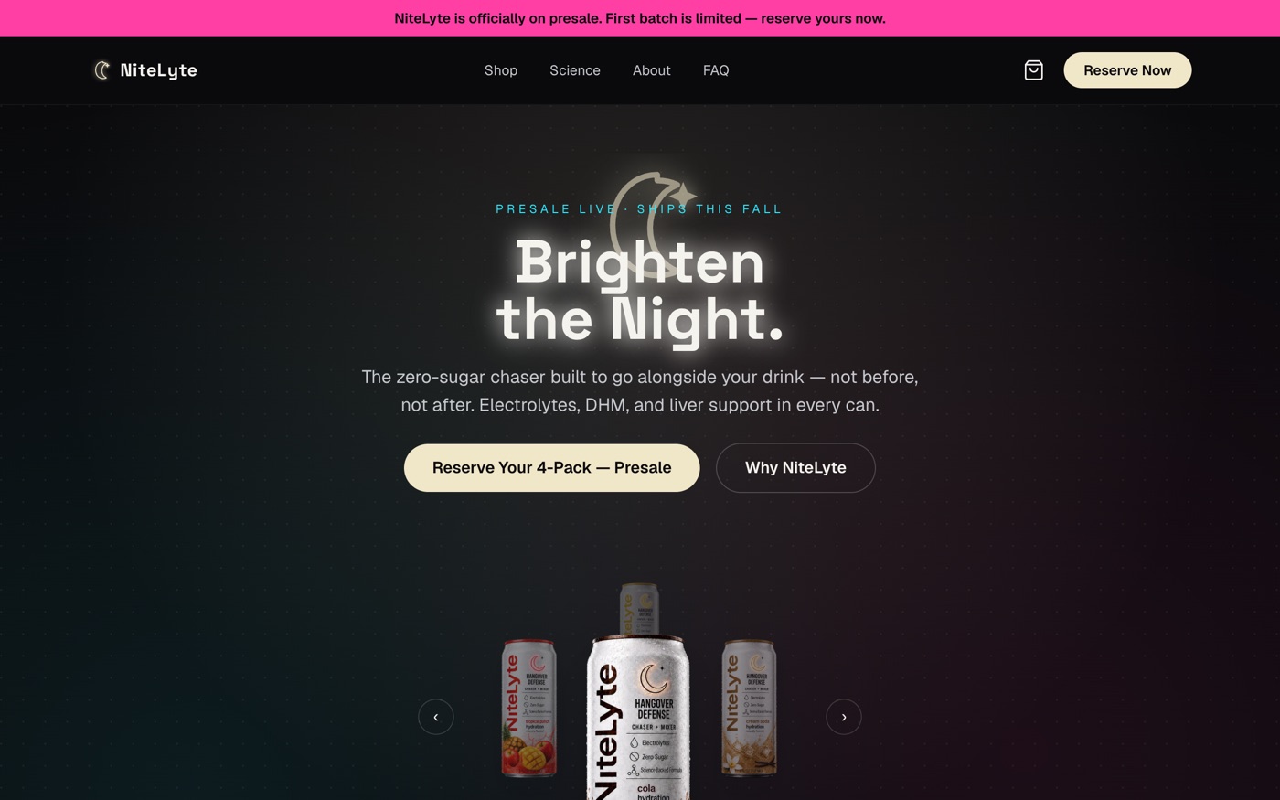 DrinkNiteLyte homepage — beverage brand e-commerce storefront